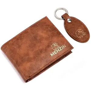 MEHZIN Men Formal Tow Tone Tan Artificial Leather Wallet & Key Ring 2Pcs Combo Gift Set (8 Card Slots) Wallet & Key Ring Combo Gift Set Style-194