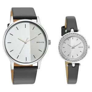 Visit the Sonata Store Sonata Quartz Analog Silver Dial Leather Strap Watch for Couple-NS7710587041SL01P