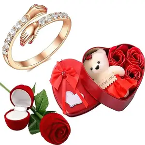 Thrillz Valentine Gift For Girlfriend Hug Ring For Women Couple Rings AAA CZ Rose Gold Plated Adjustable Finger Hug Rings For Women Girls With Red Rose & Heartbox Love Gifts