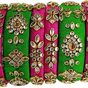 Elegance Charming Handmade Kundan Silk Thread Designer Bangles for Women & Girls Parrot Green&Dark Pink (Set of 6)
