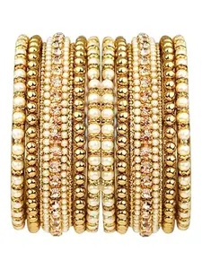 Femmibella Antique Gold Plated Pearl Cz 10Pc Bangle Chuda For Women and Girls