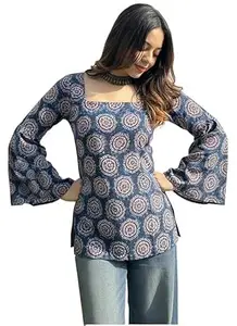 ANNI Designer Women’s Viscose Printed Short Kurti | Straight Fit Ethnic Top with Square Neck | Bell Sleeve Casual Indian Kurta for Office College, Party