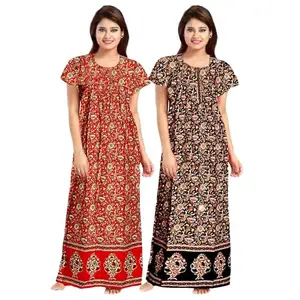 Women's Floral Print Cotton Nighty, Short Sleeve, HC-B1068_Free Size Multicolour