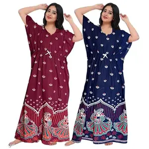 Women's Floral Print Cotton Nighty, Short Sleeve, HC-B944_Free Size Multicolour