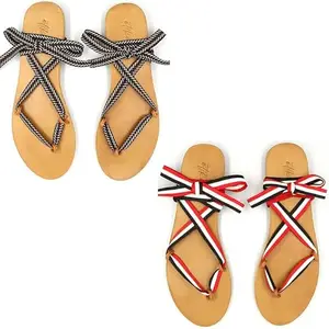 Etiket Etiket Nylon Fully Adjustable Tie Up Flat Sandal For Women- Bundle of One Sandal & Two Cotton Ribbons (Perfect for Norma and Wide Foot)