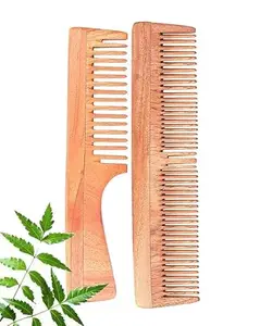 SNA Kacchi Neem Wooden Comb - Soaked In 17 Herbs, Neem & Sesame Oil For Multi-Actions - Detangling, Frizz Control & Shine (Dual Tooth & Wide Tooth) Combo Pack