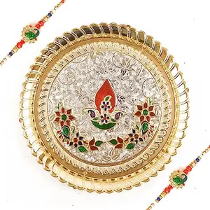 A Pioneer Rakhi with uja Thali - Handcrafted Pooja Thali Set with Rakhi for Brothers and Kids with Kumkum Holder Rakhi Thali |Tilak Thali |Rakshabandhan Thali | Designer Pujathali and Rakhi