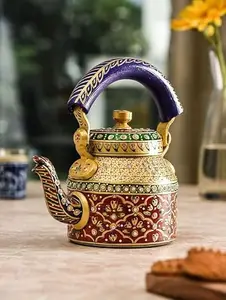 Present Handpainted Rajasthani Traditional Aluminium Decorative Tea Kettle - Colorful, Unique Design (8.5 x 8.25 x 5.5 Inches)