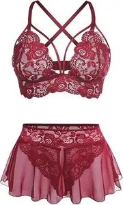 Sexy Lingerie for Women Naughty 3 Piece Bralette, Mini Skirt with G-String Crotchless Baby Doll Lingerie Set, Net & Lace Fabric Above Knee Solid Design Nightwear (Color:-Maroon, Size:-XXL)