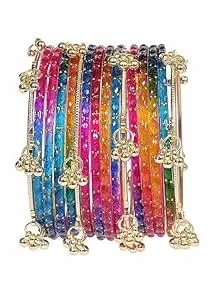 BANGLESKART Kashmiri Ghangharoo Glass Bangle Set for Women| Light Weight Bangles | Traditional Transparent Fancy Glass Chudi Set for Wedding, Party(Set Of 18)