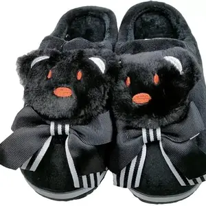 Joda Ghar Warm fur Winter bedroom slipper for women, W_Carpet Ribbon Teddy_Black-40-JG (UK SIZE-6)