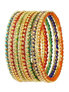 Femmibella Multicolor Thread CZ Stone Gold Plated 14Pc Bangle For Women and Girls