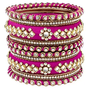 Peora Women Velvet Matching Fancy Silk Thread Rani Pink White Chuda/Chura Bangle Set(Size 2.6)