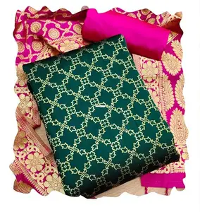 MANVAA Women'S Mehendi Green Unstitched Designer Work Banarasi Silk Dress Material (T-SKTZBD9002E)