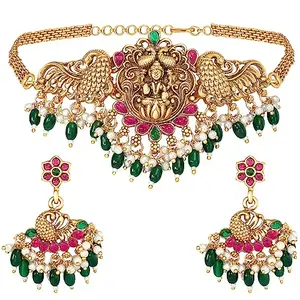 Peora Traditional Gold Plated Red Green Beads Studded Choker Necklace Dangle Earrings Set Ethnic Stylish Fashion Jewellery Gift for Women & Girls