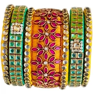 Blue jays hub Silk Thread Bangles New kundan Style Yellow And Green color Set Of 7 for Women/Girls (2-8)