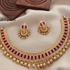 Padmawati Bangles Women’s South Indian Traditional Gold Plated Copper Necklace Set with Earrings | Adjustable Jewellery with Artificial Stones Design No TM192RUBY