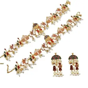 THE OPAL FACTORY Gold Plated Anklets/Doli Anklet/Hathi Rajasthani Doli Payal With Toe Ring Hanging Pearls Pair of Anklets for Womens (Doli Barat Anklet With Toe Ring Combo)