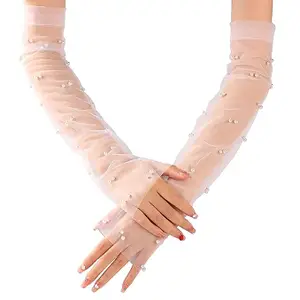 Long Pearl Wedding Gloves Tulle Bridal Gloves Sheer Long Bridal Sleeves Opera Prom Party Costumes for Women, White, One Size