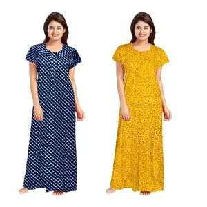 Women's Cotton Printed Nighty – Comfortable Full-Length Sleepwear with Short Sleeves-BZPE-185-Free
