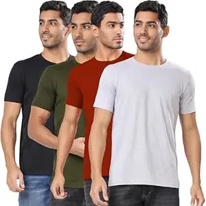 Visit the London Hills Store London Hills Men's Cotton Blend Regular Fit Solid Round Neck Half Sleeve T-Shirts - Pack of 4