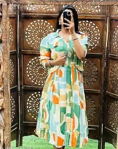 M Fashion Women's Cotton A-Line Midi Dress with Shrug, Printed Knee Length Dress, One Piece with Jacket