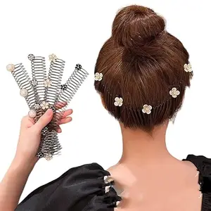 U-Shape Hair Comb with Floral Decorative Clips, Stretchable Hair Styling Tool for Women, Pack of 2, Black