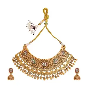 Kushal's Fashion Jewellery Ruby-Green Gold Plated Ethnic Antique Necklace Set - 409928