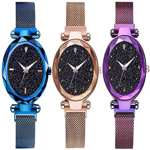 crispy Women Analog Round Dial Blue, Golden and Purple Strap Combo Watch