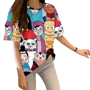 Women’s Casual Printed Round Neck Short Sleeve T-Shirt MULTICARTOON L