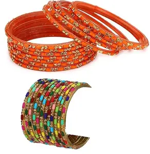 Somil Combo Of Party & Wedding Colorful Glass Bangle/Kada, Pack Of 24, Orange & Multicolor
