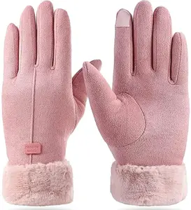 Alexvyan Pink Wrist Winter Accessories Hand Arm Warmer Gloves for Women Soft and warm Covered Finger Rabbit Fur Gloves Mittens (Warm, Windproof, Wool) (With Mobile Screen Touch)