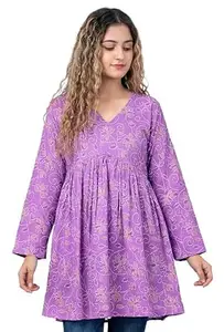 Avira Purple Floral Printed Cotton Blend Kurti Top, V-Neck, Long Bell Sleeves, Casual A-Line Tunic for Women