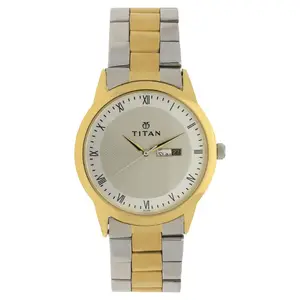 Visit the Titan Store Titan Quartz Analog With Day & Date Champagne Dial Two Toned Silver & Gold Stainless Steel Strap Watch for Men - NT1584BM02
