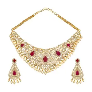 Kushal's Fashion Jewellery Ruby Gold Plated Ethnic Zircon Necklace Set