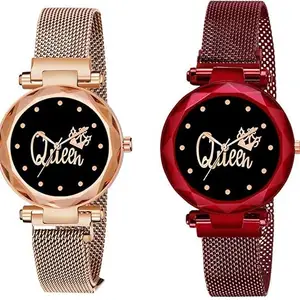 HC HARMI CREATIVE Women's Analog Queen Combo Gold Watch | Gold Finish with Royal Queen Motif | Comfortable | Ideal Gift Set for Women
