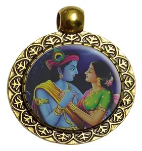 Hindu Gods Radha-Krishna Pendant Necklace Chain Locket with Hook (1 Piece) | 25mm Round Alloy Steel | Imported from Thailand