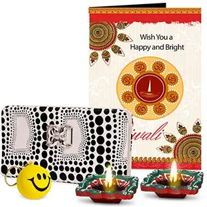Alwaysgift Wish You A Happy and Bright Diwali 2 Diyas, Ladies Wallet, Smiley Keychain,s & Greeting Card Gift Set
