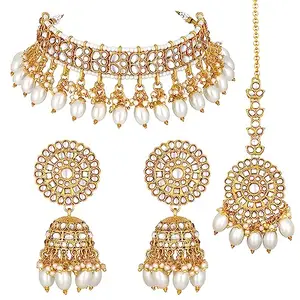 Peora Gold Plated White Kundan Beads Studded Choker Necklace Jhumki Earrings & Maangtikka Set Ethnic Function Fashion Jewellery Gift for Women & Girls