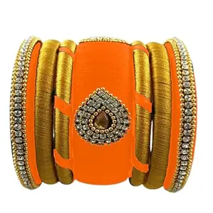 pratthipati's Silk Thread Bangles Plastic Bangle With Gold Color (Orange) (Pack of 7) (Size-2/4)
