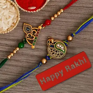 eCraftIndia Multicolor Set of 2 Om Symbol and Peacock Designer Religious Rakhis with Roli Chawal Pack and Happy Rakhi Wooden Cutout