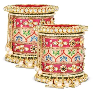 BRIDAL GARNISH Plastic Exquisite Multicolor Bridal Chuda: Kundan and Zari Work 3d Glass with Latkan Bangles (Pink, 2.4)