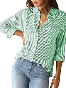 AREAL FASHION Women's Striped Puff Sleeve Peplum Top, V-Neck, Gathered Waist, Casual Summer Blouse