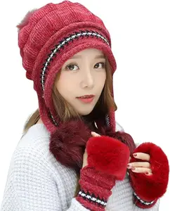 Women Winter Hat Scarf with Gloves Set for Girls Cute Fur Woolen Warm Hooded Beanie Cap