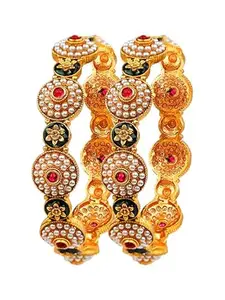 9blings Gold Plated Meenakari Pearl 2Pc Bangle For Women and Girls