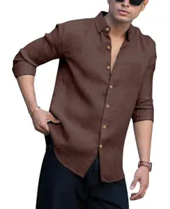 Brand: Generic Success Linen Button-Down Shirt, Textured Sage Brown, Long Sleeve (in, Alpha, M, Regular, Brown)