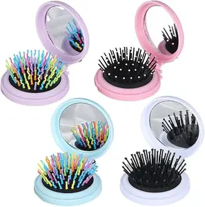 Ghelonadi Folding Travel Mirror Hair Brushes 2 in 1 Women Girls Round Hair Comb Portable Travel Size Pop up Pocket Brush Multicolor