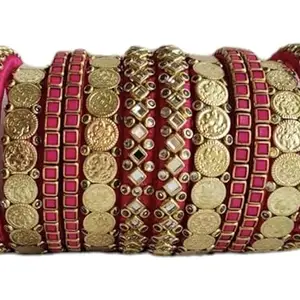 Ambal Kundan Worked Silk thread bangles set for Women and Girls (Red -1 2.6)