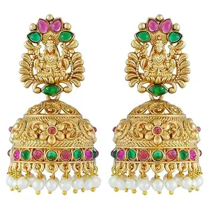 Mansiyaorange Matte Gold Red And Green Color Stone Creame Pearl Drop Earrings Stud Jhumki Earrings For Women