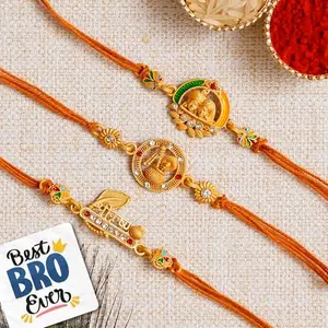 eCraftIndia Set of 3 Shri Krishna, Radha Krishna, Dahi Handi Flute Designer Rakhis, Best Bro Ever Fridge Magnet with Roli Chawal Pack - Rakhi for Brother, Bhaiya, Bhai